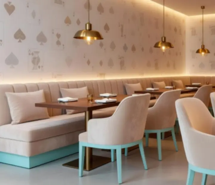 Visszafogott casino inspirációt viselő, elegáns éttermi enteriőr
