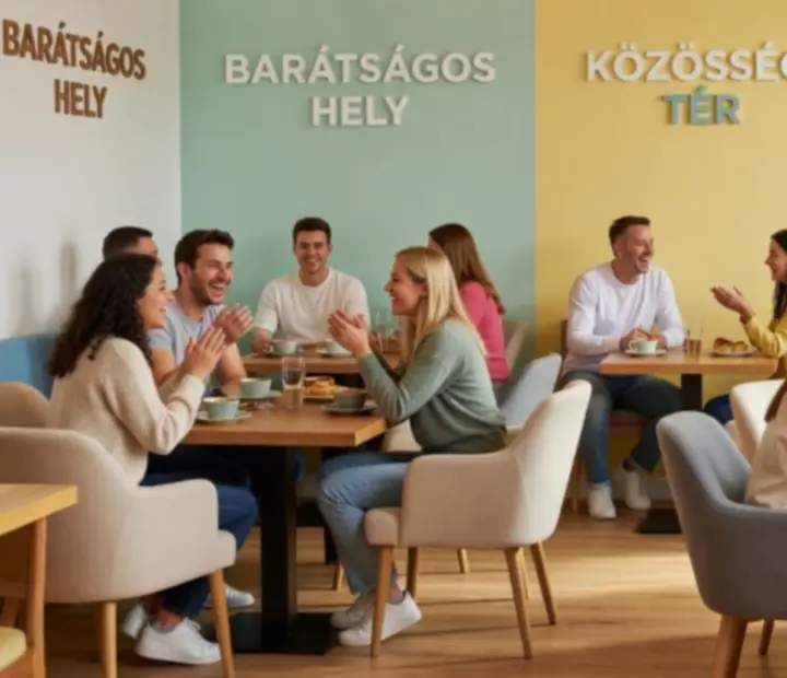 Barátságos, közösségi éttermi tér beszélgető vendégekkel