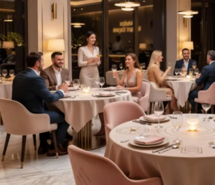 Elegáns, modern éttermi enteriőr rendezvényre előkészített asztalokkal