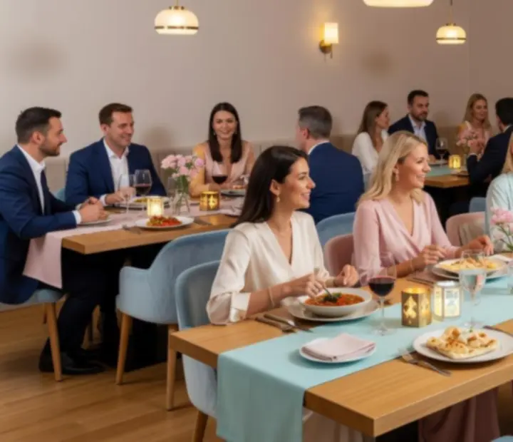 Modern éttermi környezet elegáns társasági vacsorával